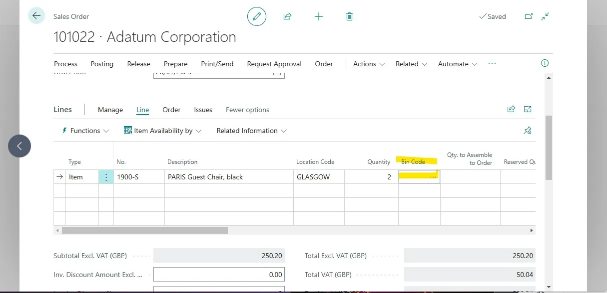 Sales order line with the Bin Code field highlighted before selecting a bin to pick from