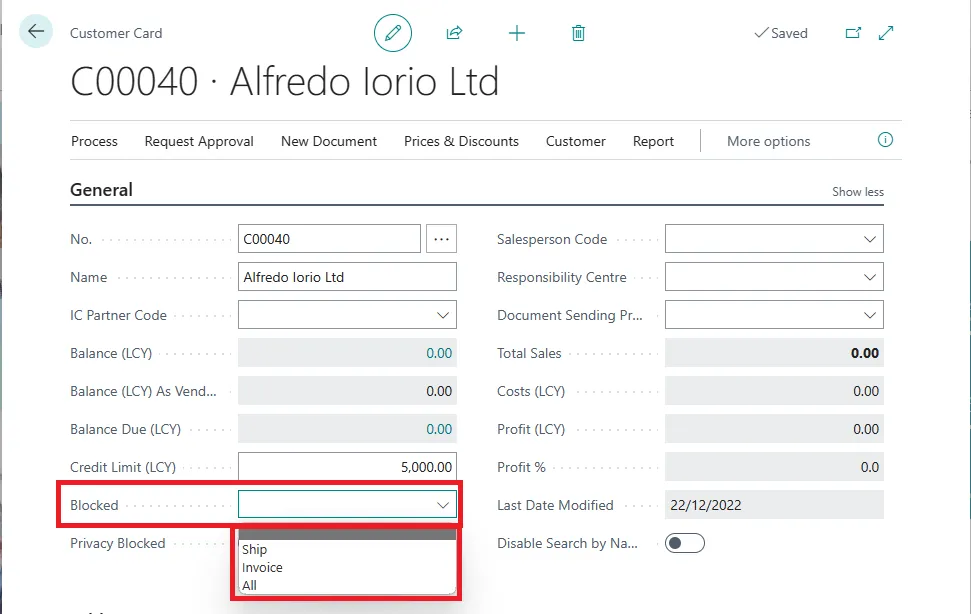 Customer Card General tab with the Blocked field dropdown open showing Ship, Invoice and All options