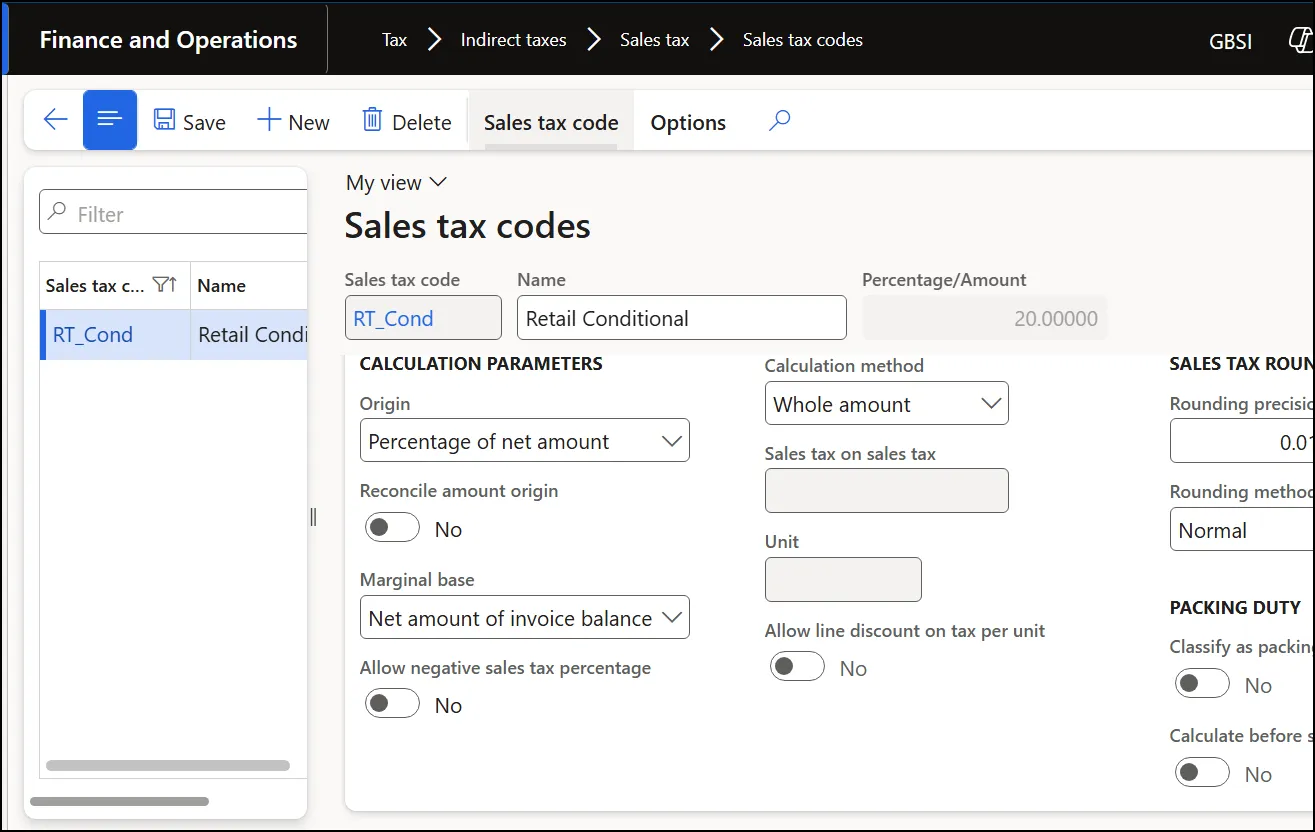 Calculation FastTab for the RT_Cond sales tax code with Origin set to Percentage of net amount and Calculation method set to Whole amount
