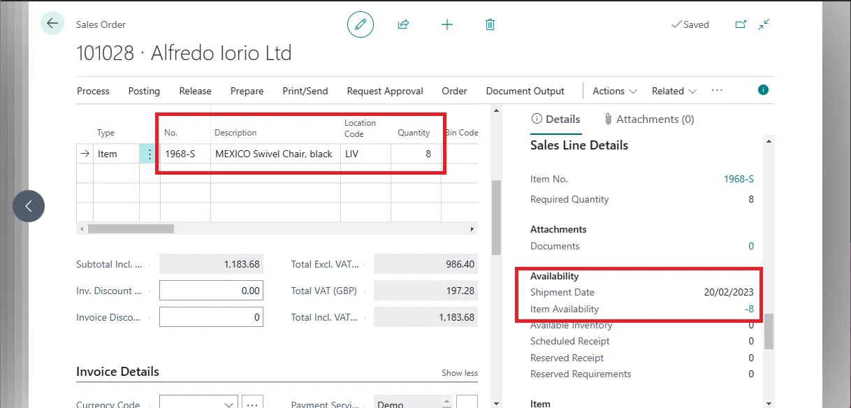 Sales order line for item 1968-S showing negative item availability against the shipment date