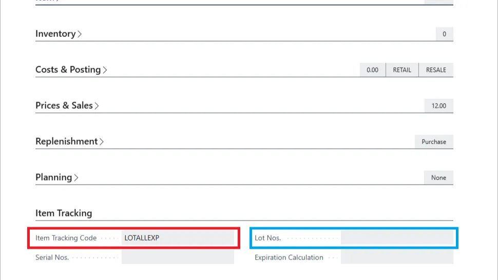 Item card Item Tracking section with Item Tracking Code set to LOTALLEXP and Lot Nos. left blank