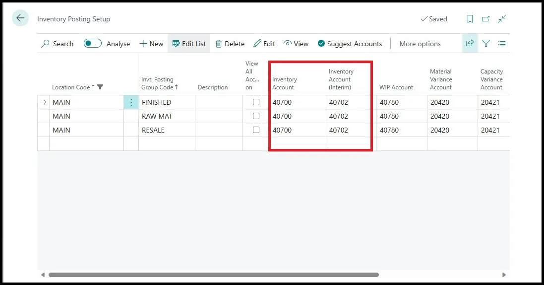 Inventory Posting Setup page