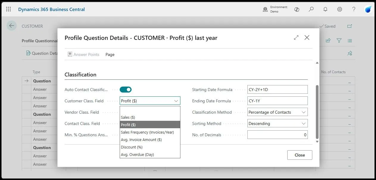 Profile Question Details that controls the automatic classification of contacts