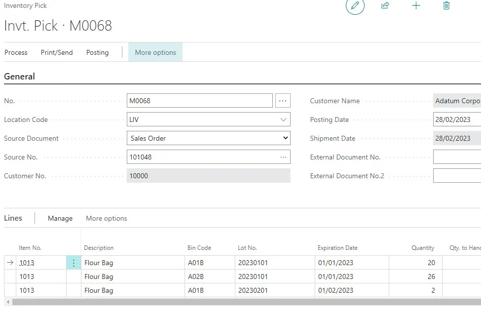 Inventory pick with FEFO applied