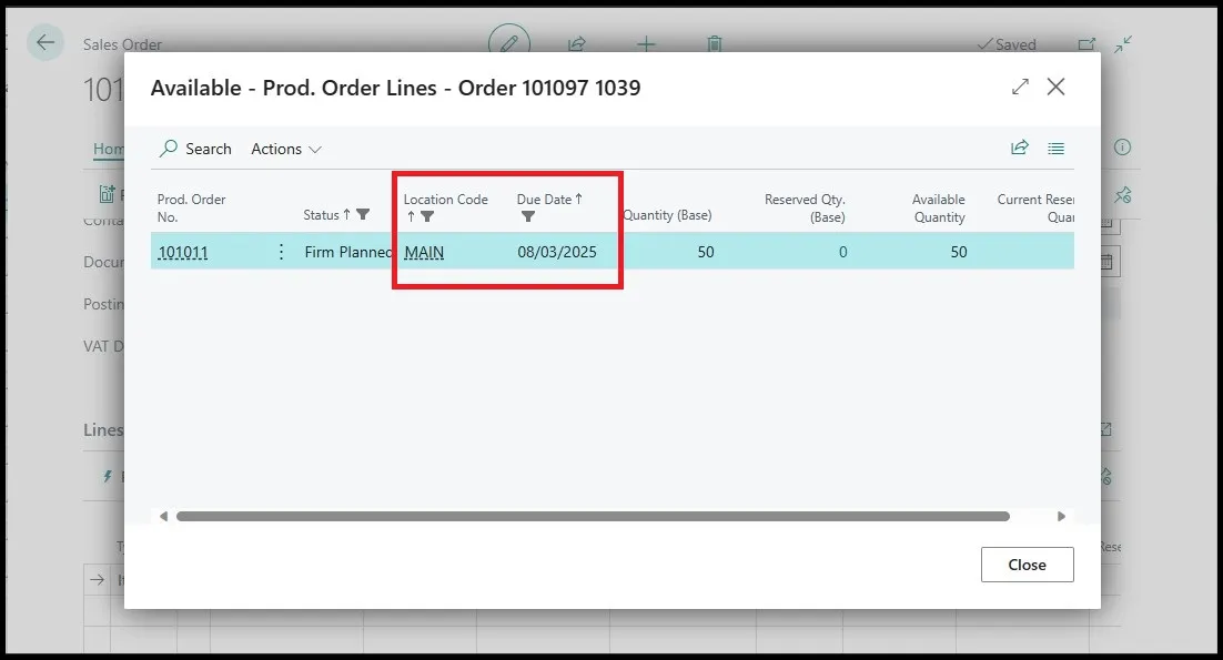 Available Prod. Order Lines page with the location code and due date columns highlighted