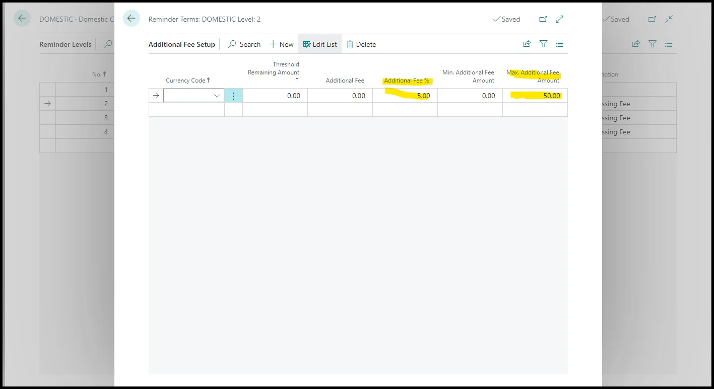 Additional Fee Setup page for reminder terms