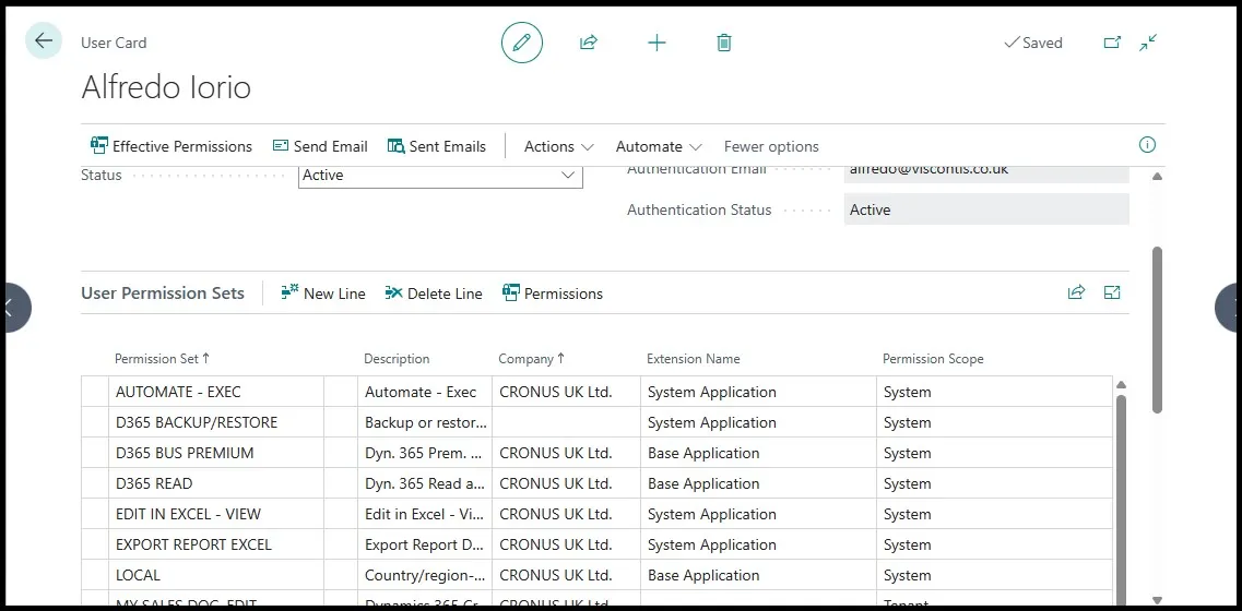 User Card with the User Permission Sets tab open showing permission sets assigned to an individual user