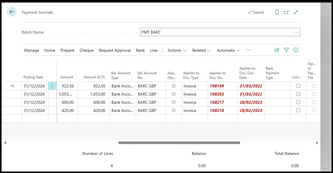 Payment journal populated with four separate payment lines, one per invoice, after running Suggest Vendor Payments