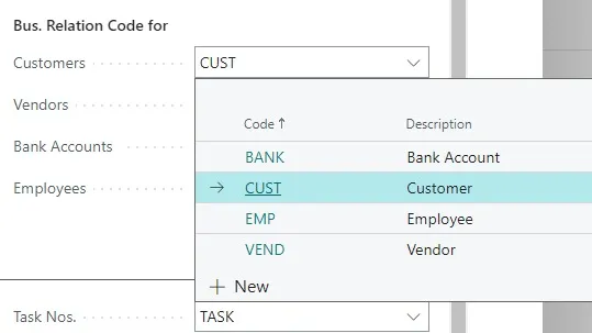 Bus. Relation Code fields on the Marketing Setup page with the Customers code set to CUST from a dropdown list