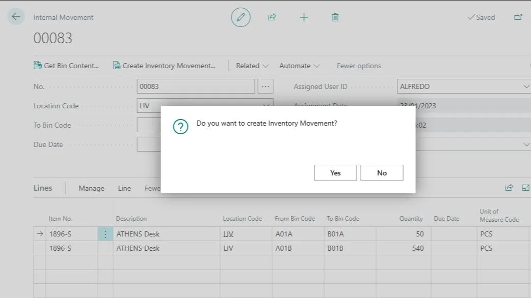 Internal movement lines with To Bin Code B01A and B01B entered per line and the Create Inventory Movement prompt