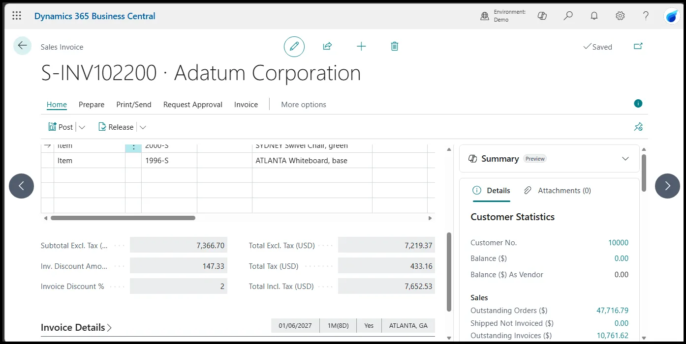 Sales Invoice with Invoice Discount applied