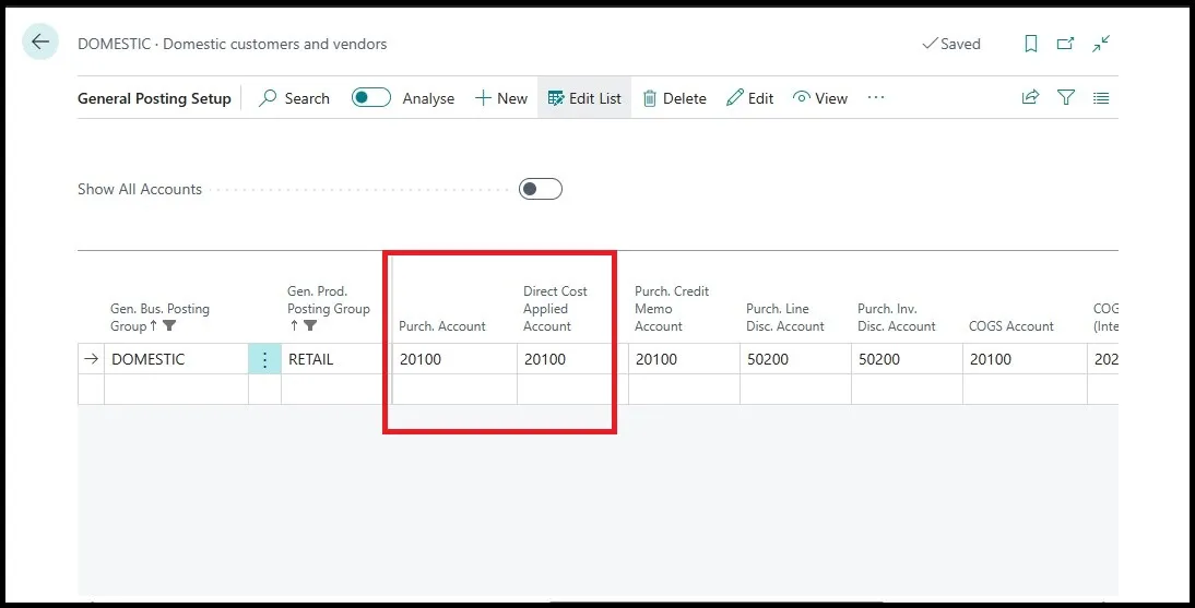 General Posting Setup page