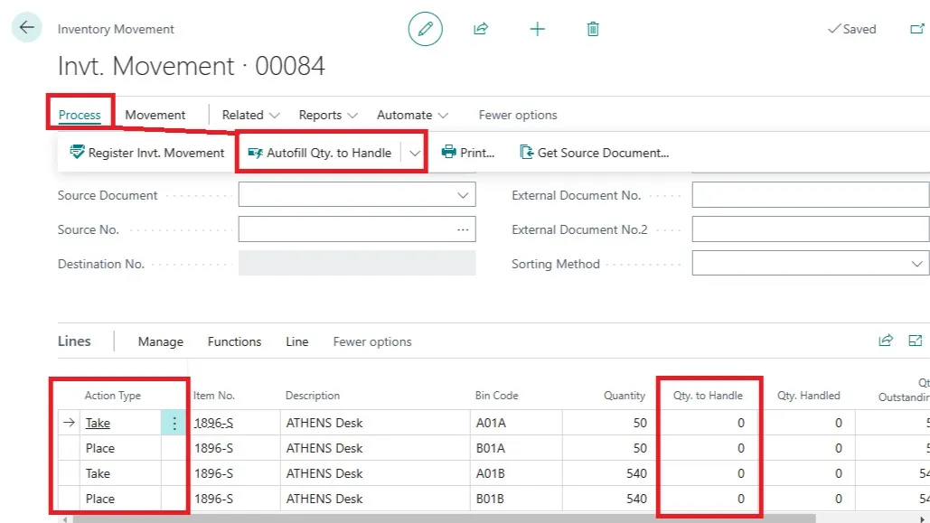 Inventory movement with Take and Place lines and the Autofill Qty. to Handle action under Process