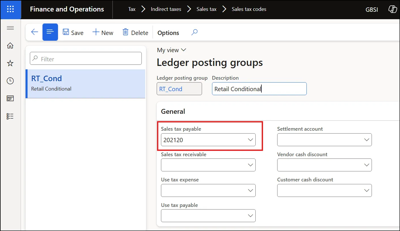 Ledger posting groups page with the Sales tax payable account 202120 set for the RT_Cond posting group