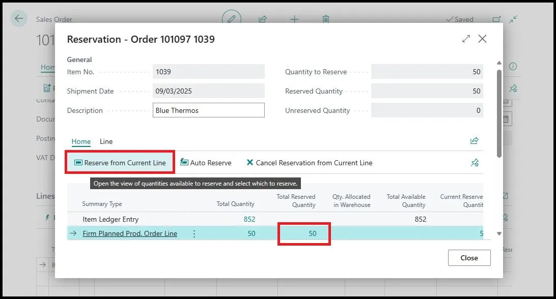 Reservation page with Reserve from Current Line highlighted and the production order line quantity reserved