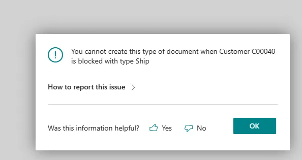 Error dialog stating the document cannot be created because the customer is blocked with type Ship