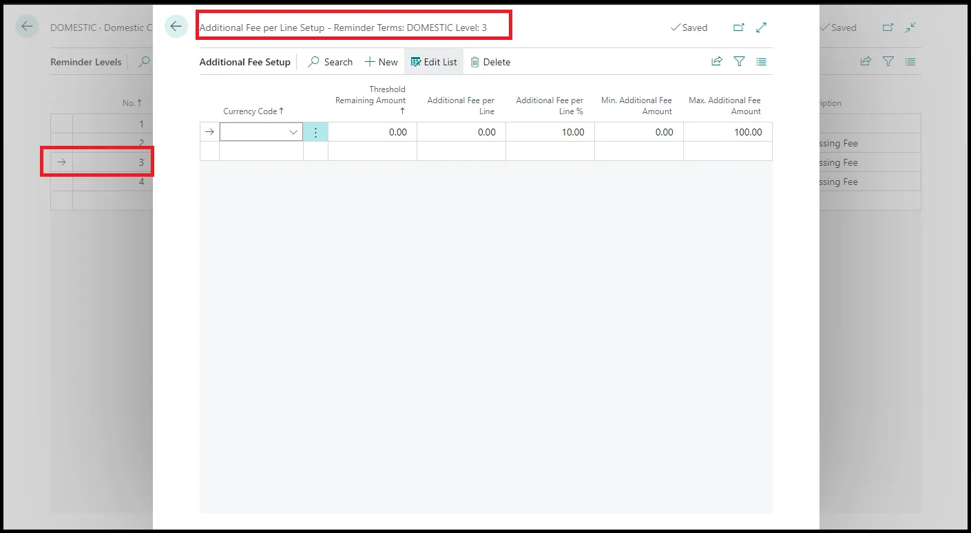 Additional fee setup for reminder line level