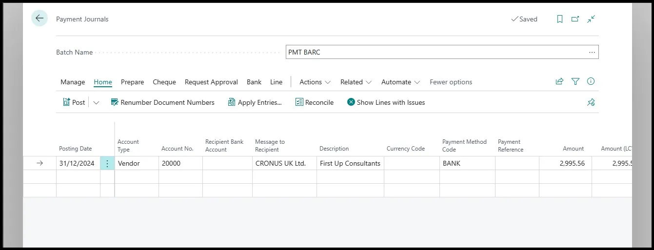 Payment journal with a single summarised line of 2,995.56 for vendor First Up Consultants