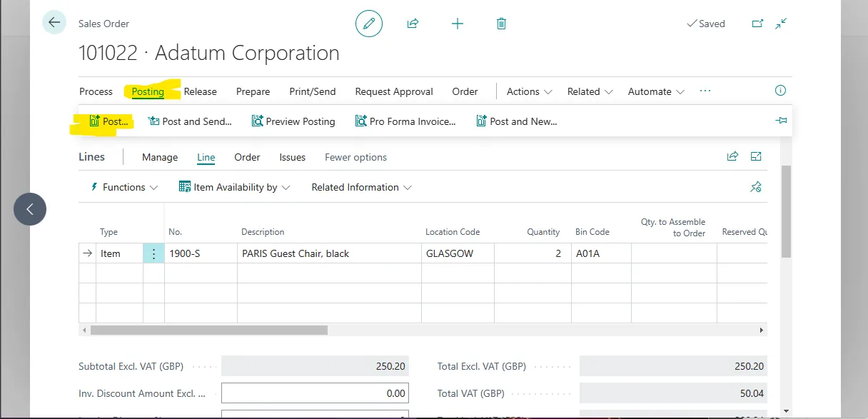 Sales order with the Post action highlighted on the Posting menu after the bin code is set