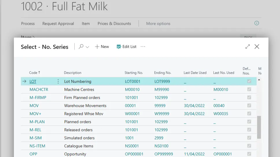 Select - No. Series page on the Full Fat Milk item card with the LOT numbering series highlighted