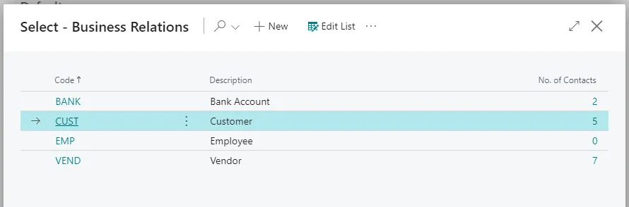 Select - Business Relations list showing codes for Bank Account, Customer, Employee, and Vendor with contact counts
