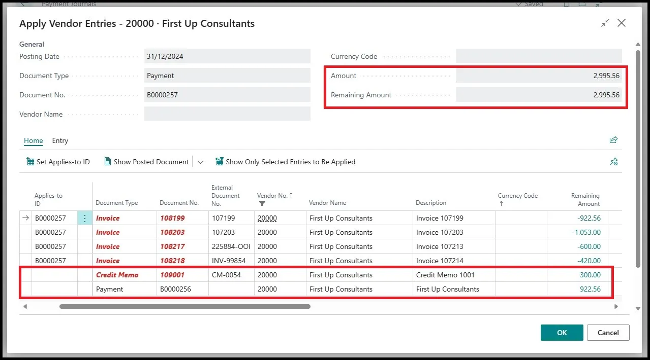 Apply Vendor Entries page listing four invoices plus an unapplied credit memo and payment for the vendor