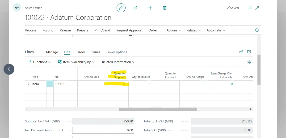 Sales order line showing the Quantity Shipped field updated to 2 after posting the shipment