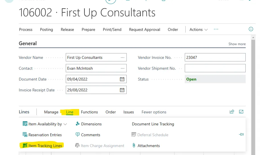 Purchase order line menu with the Item Tracking Lines action highlighted under the Line tab