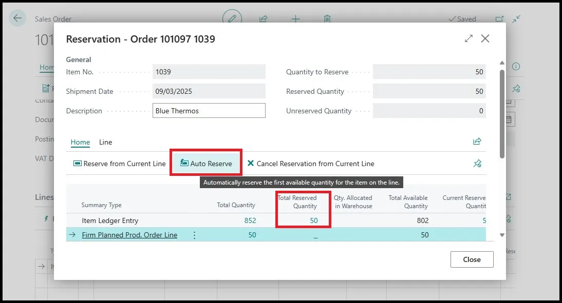 Reservation page with the Auto Reserve action highlighted reserving quantity from the Item Ledger Entry line