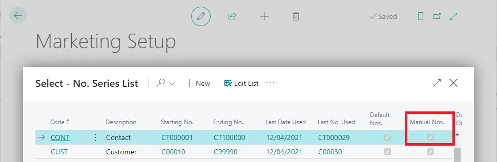 No. Series List for the Marketing Setup page with the Manual Nos. option highlighted for the Contact series