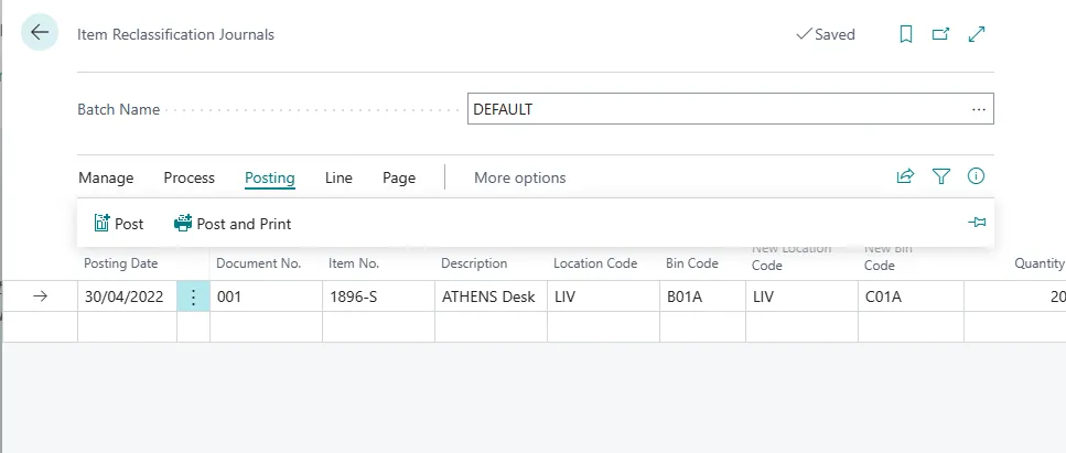 Item Reclassification Journal line moving item 1896-S from bin B01A to new bin C01A at location LIV