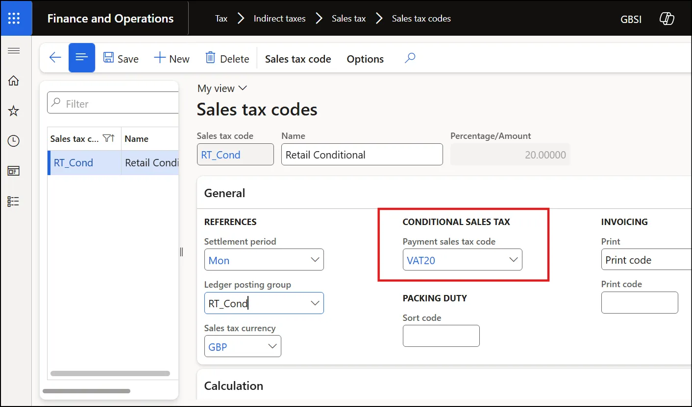 RT_Cond sales tax code with the Payment sales tax code VAT20 set in the Conditional sales tax section