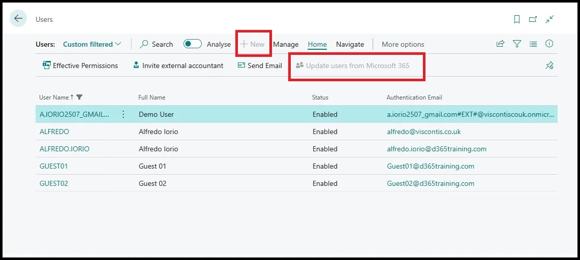 Users list page with the New action and Update Users from Microsoft 365 button greyed out for a SUPER (Data) user