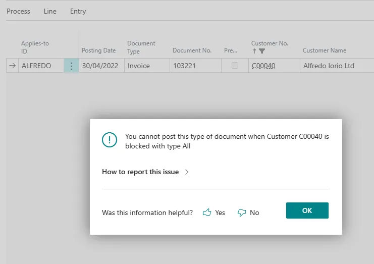 Error dialog stating the invoice cannot be posted because the customer is blocked with type All