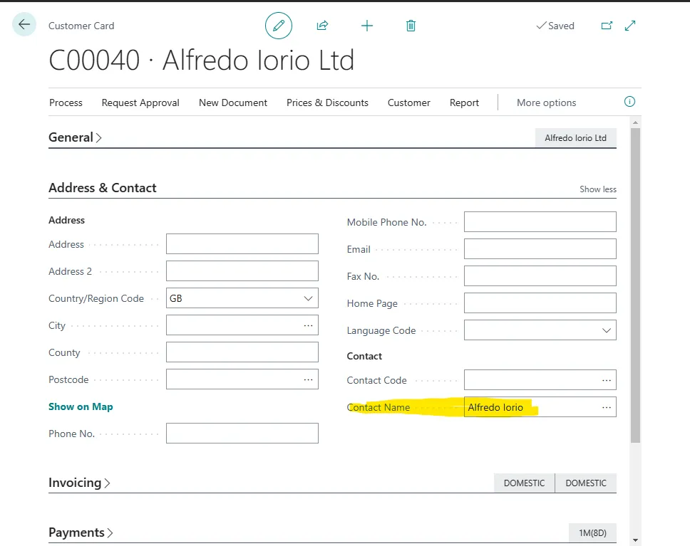 Customer Card Address &amp; Contact tab with the Contact Name field highlighted
