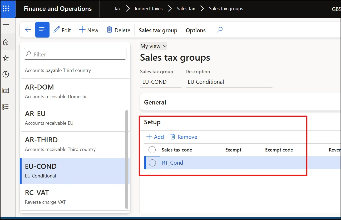 EU-COND sales tax group with the RT_Cond sales tax code added in the Setup section