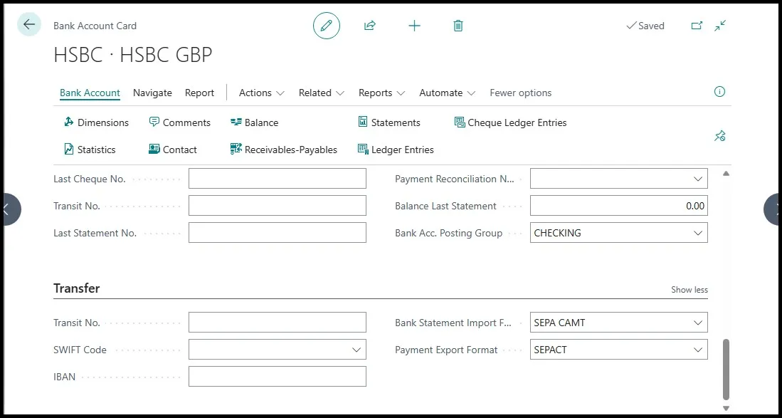 HSBC bank account card Transfer section with SEPA CAMT bank statement import and SEPACT payment export format