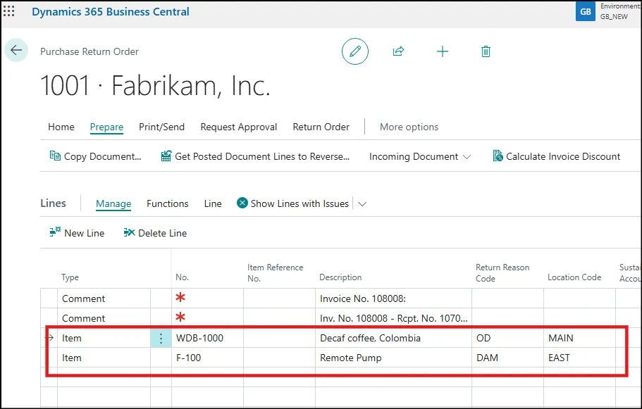 Return Order Lines with Different Reason Codes and Locations