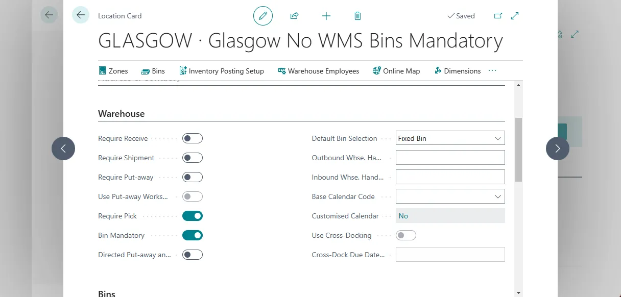 Location card for Glasgow with Require Pick and Bin Mandatory both enabled