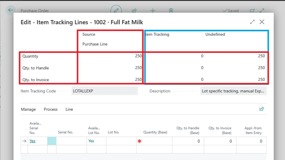 Item Tracking Lines page for a purchase line showing 250 units with quantity and item tracking totals highlighted