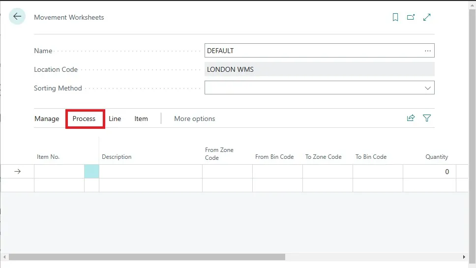Movement Worksheets page for location LONDON WMS with the Get Bin Content action under Process