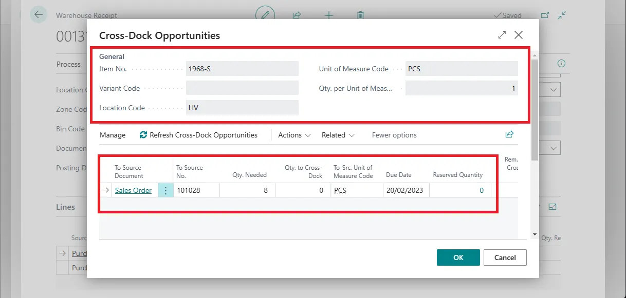 Cross-Dock Opportunities page header showing the inbound item, unit of measure, and location details