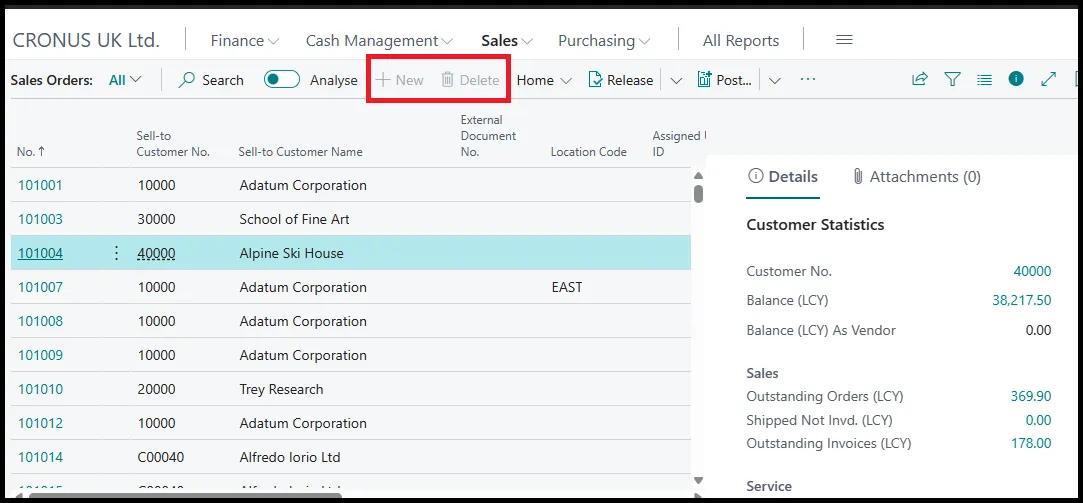 Sales Order list with New and Delete actions greyed out under a SYSTEM APP - BASIC permission set