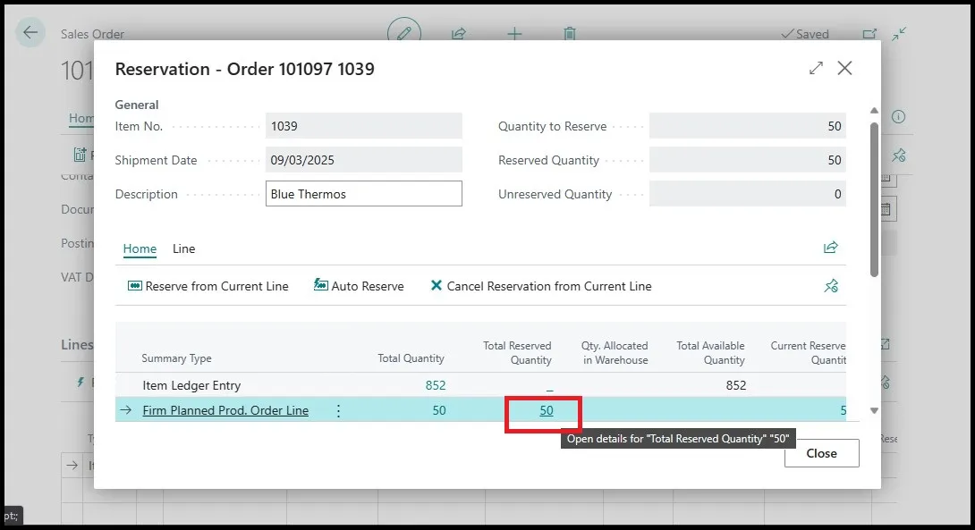Reservation page with the Total Reserved Quantity value highlighted for drilling into reservation details