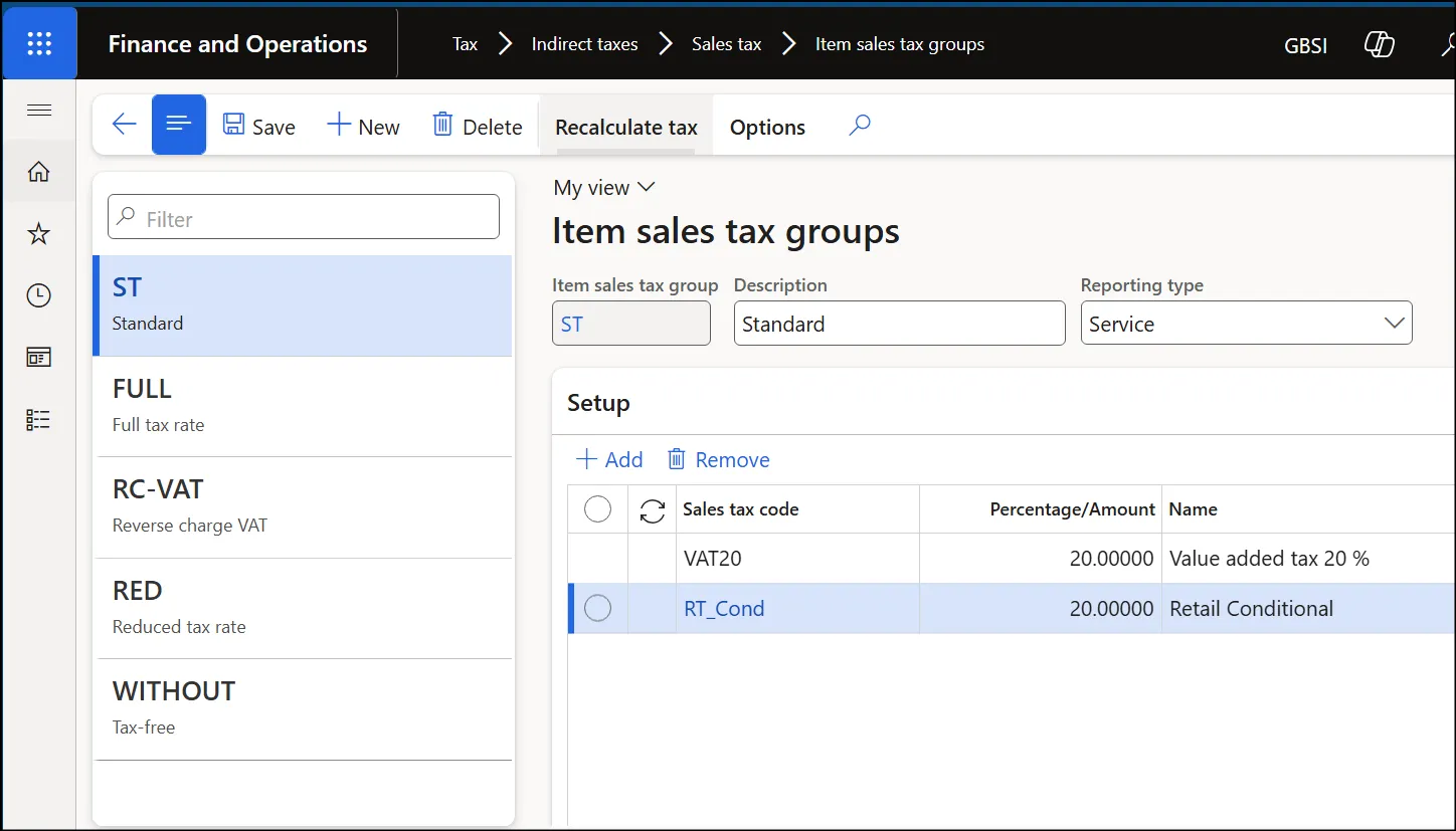 ST item sales tax group with the RT_Cond code added alongside VAT20 in the Setup list