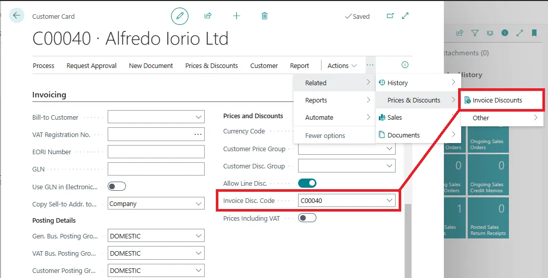 Customer Card Invoicing tab with the Actions menu open showing the Invoice Discounts option under Prices &amp; Discounts