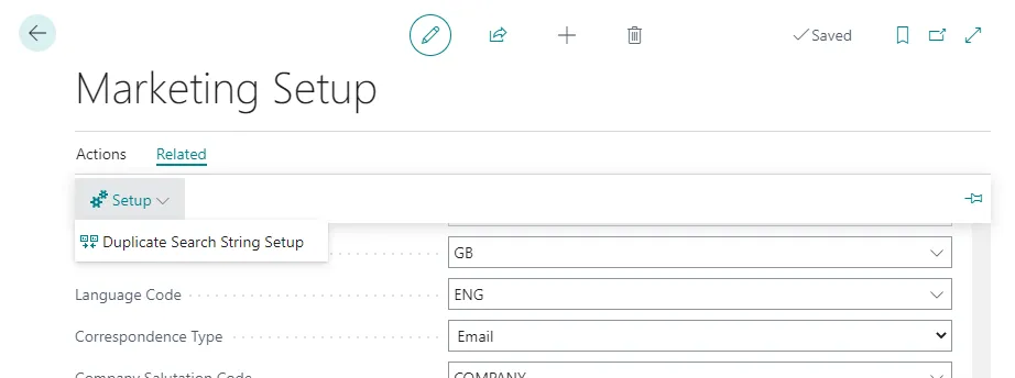 Related menu on the Marketing Setup page with the Duplicate Search String Setup link open