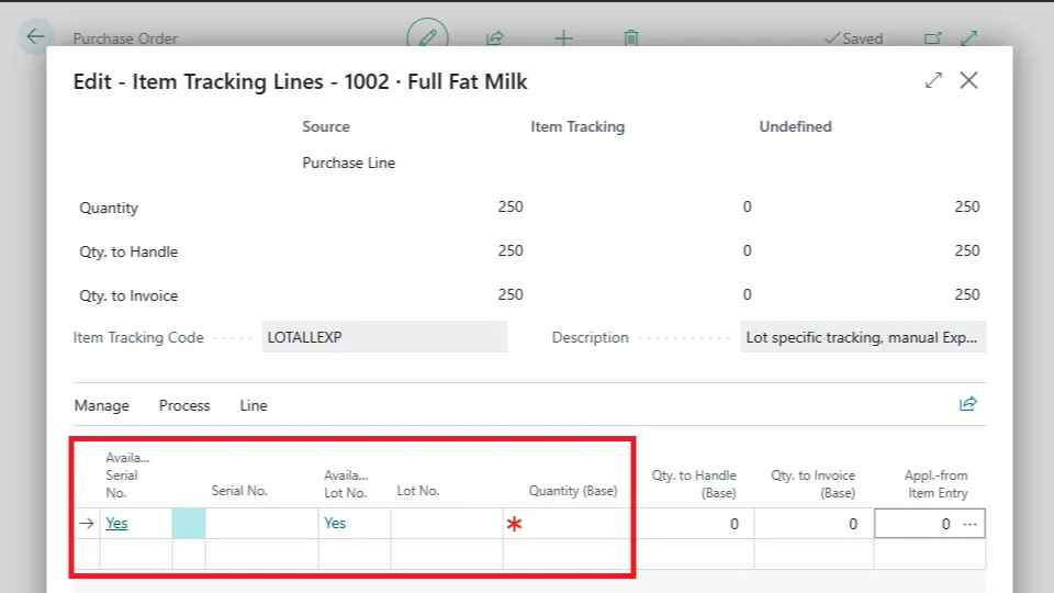 Item Tracking Lines page with the empty serial number and lot number entry columns highlighted