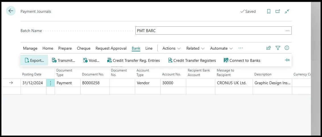 Payment journal Bank tab with the Export action highlighted for a vendor payment line