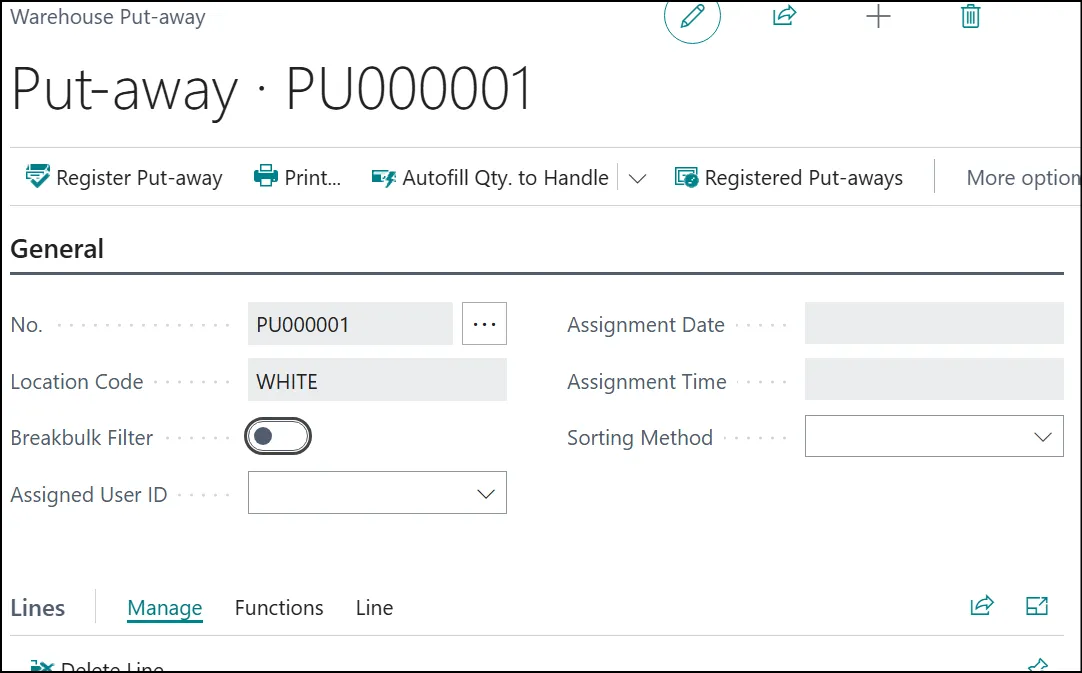 Warehouse Put-away document header showing No., Location Code, Assigned User ID, and Sorting Method fields